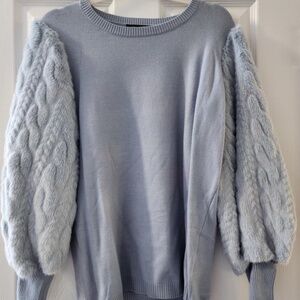 Faux Fur Sleeve Crew-Neck Knit Sweater